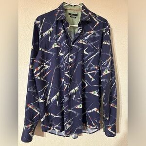 Mizumi Couture Shirt Men Navy Abstract Print Cotton Long Sleeve Button Up Size L